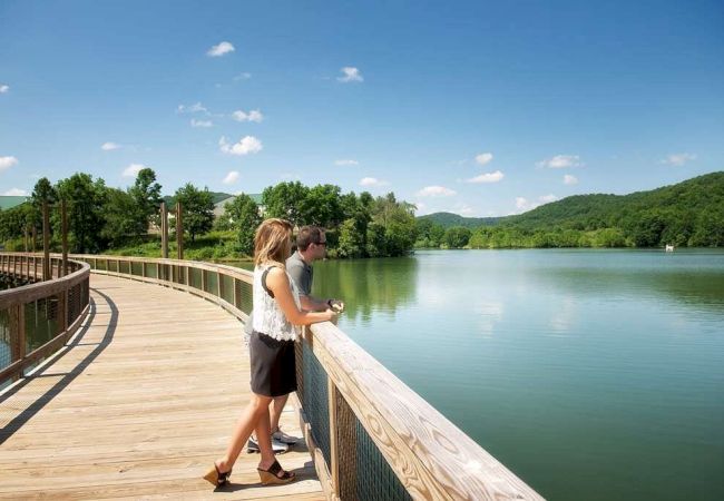 People standing on a wooden boardwalk overlooking a scenic lake with surrounding greenery and hills under a clear blue sky.