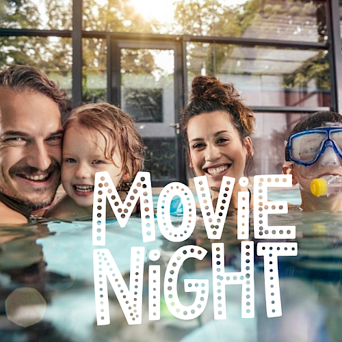 A family in a pool smiles at the camera; text reads 