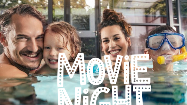 A family in a pool smiles at the camera; text reads 