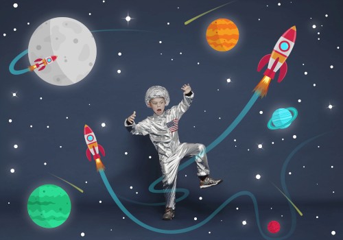 A child in a spacesuit poses against a space-themed background with rockets, planets, and stars, appearing to float in space.