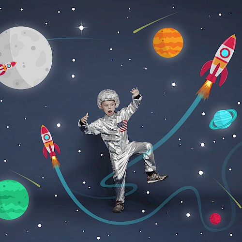A child in a spacesuit poses against a space-themed background with rockets, planets, and stars, appearing to float in space.