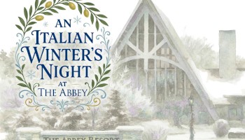 An illustrated winter scene at an Abbey Resort, with a decorative sign reading “An Italian Winter’s Night at The Abbey” beside a quaint lodge.