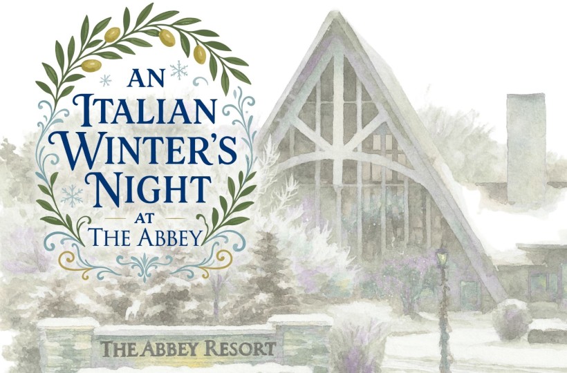 An illustrated winter scene at an Abbey Resort, with a decorative sign reading “An Italian Winter’s Night at The Abbey” beside a quaint lodge.