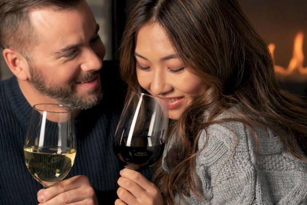 A couple toasting with wine glasses, smiling warmly by a cozy fireplace.