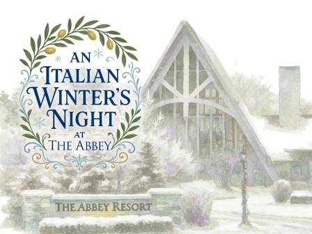An elegant poster for “An Italian Winter's Night at The Abbey,” with a log-cabin style building, snowy scene, and laurel-framed title.