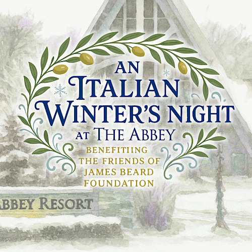 A watercolor-style event banner for “An Italian Winter’s Night at The Abbey,” benefiting the James Beard Foundation; a resort entrance backdrop.