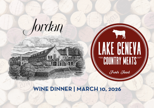 A wine dinner event at Lake Geneva Country Meats on March 10, 2026, featuring Jordan wine, with a background of wine corks.