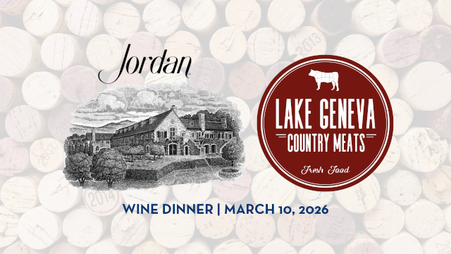 A wine dinner event at Lake Geneva Country Meats on March 10, 2026, featuring Jordan wine, with a background of wine corks.