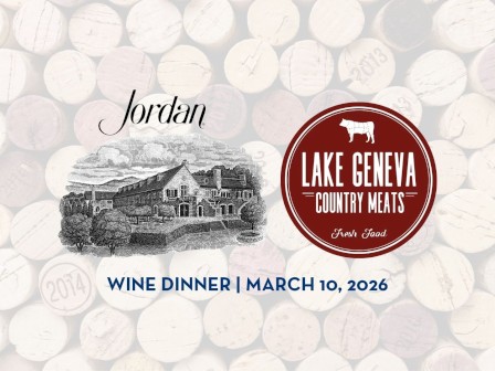 The image promotes a wine dinner event at Lake Geneva Country Meats on March 10, 2026.