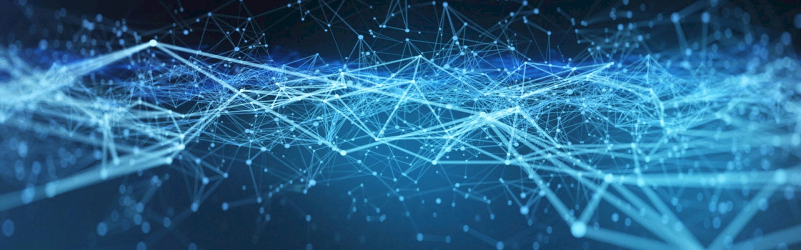 The image depicts a network of interconnected points and lines forming an abstract, digital, web-like pattern against a dark background.