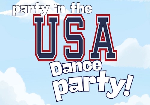 A patriotic-themed poster with stars and clouds, promoting a dance party in the USA.