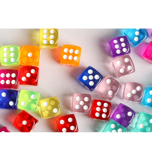 Colorful dice scattered on a white surface, with some showing four and three dots, in vibrant yellow, orange, red, purple, blue, pink, and green.