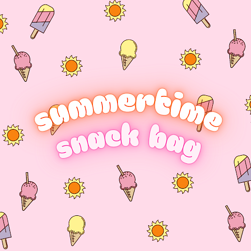 A pink background with cartoon ice cream cones, suns, and the text 