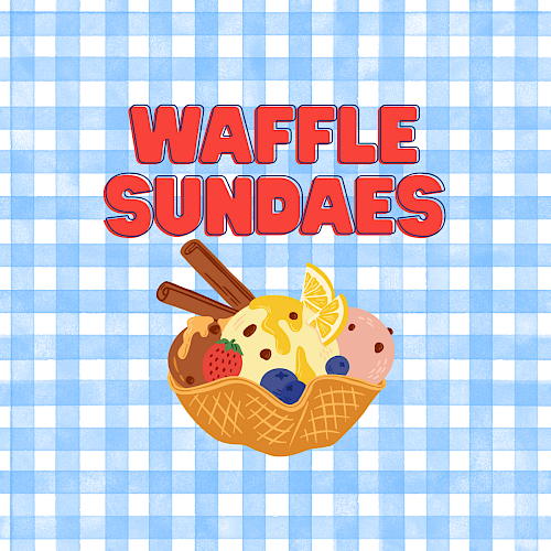 An illustration of a waffle bowl filled with ice cream, fruit, chocolate, and cinnamon sticks, labeled 