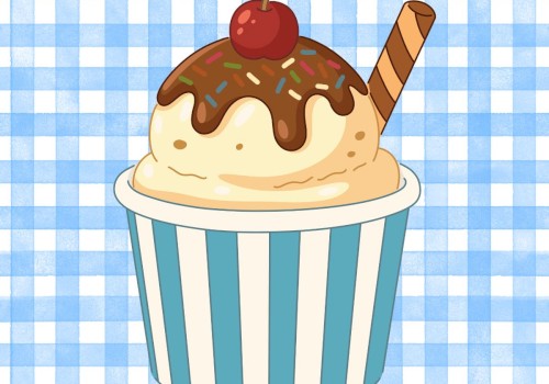 A cute digital illustration of a soft serve ice cream in a blue-striped cup topped with chocolate, sprinkles, a cherry, and a wafer stick.