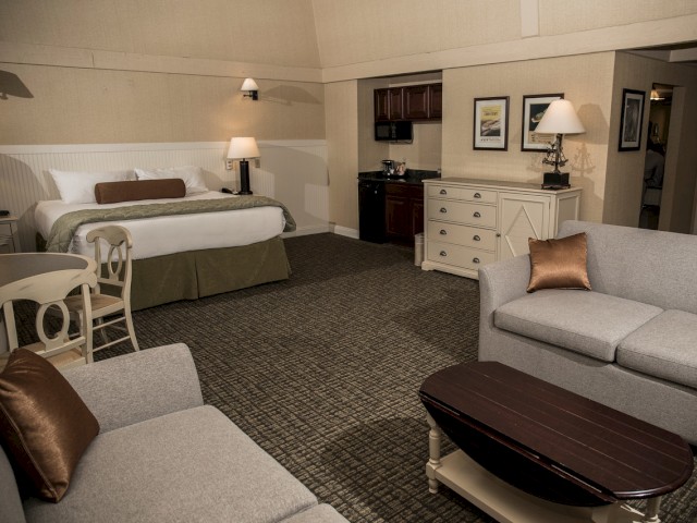 A spacious hotel room with a bed, nightstands, sofa, armchair, coffee table, desk, lamps, and wall art against light-colored walls and carpeted floor.