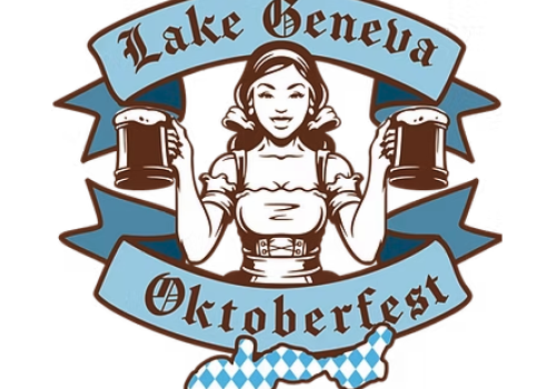 A woman holding beer mugs in front of a banner that says “Lake Geneva Oktoberfest,” with a map of Bavaria at the bottom.