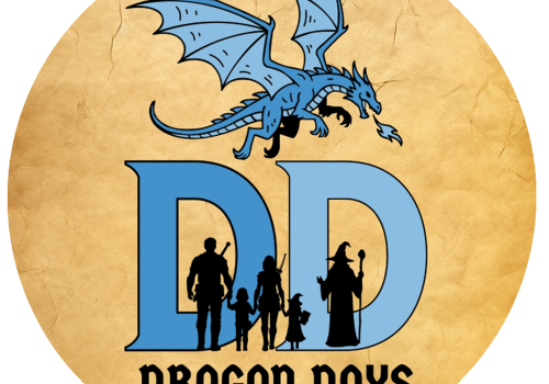A circular logo for Dragon Days at Lake Geneva, WI features a blue dragon above large blue initials 