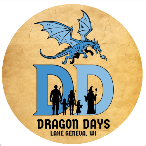A circular logo for Dragon Days at Lake Geneva, WI features a blue dragon above large blue initials 