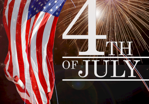 The image features an American flag waving with fireworks in the background, with text celebrating the 4th of July holiday.