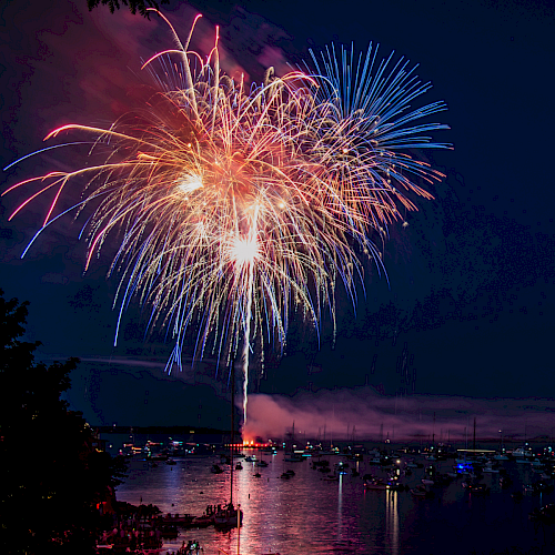 Colorful fireworks light up the night sky over a harbor filled with boats.