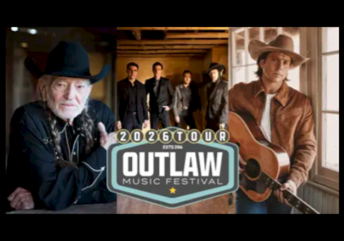 The image features promotional material for the Outlaw Music Festival 2026 Tour, showcasing country and folk artists, including a man with a guitar and cowboy hats.