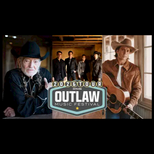 The image features promotional material for the Outlaw Music Festival 2026 Tour, showcasing country and folk artists, including a man with a guitar and cowboy hats.