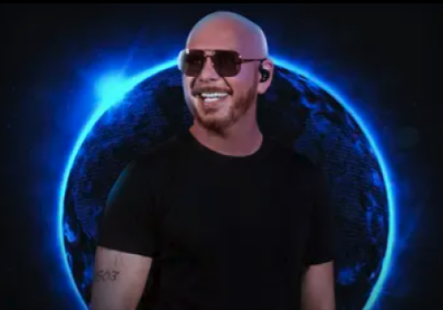 A smiling man in sunglasses stands in front of a glowing, digitally rendered Earth with a dark background, creating a cool, cosmic vibe.
