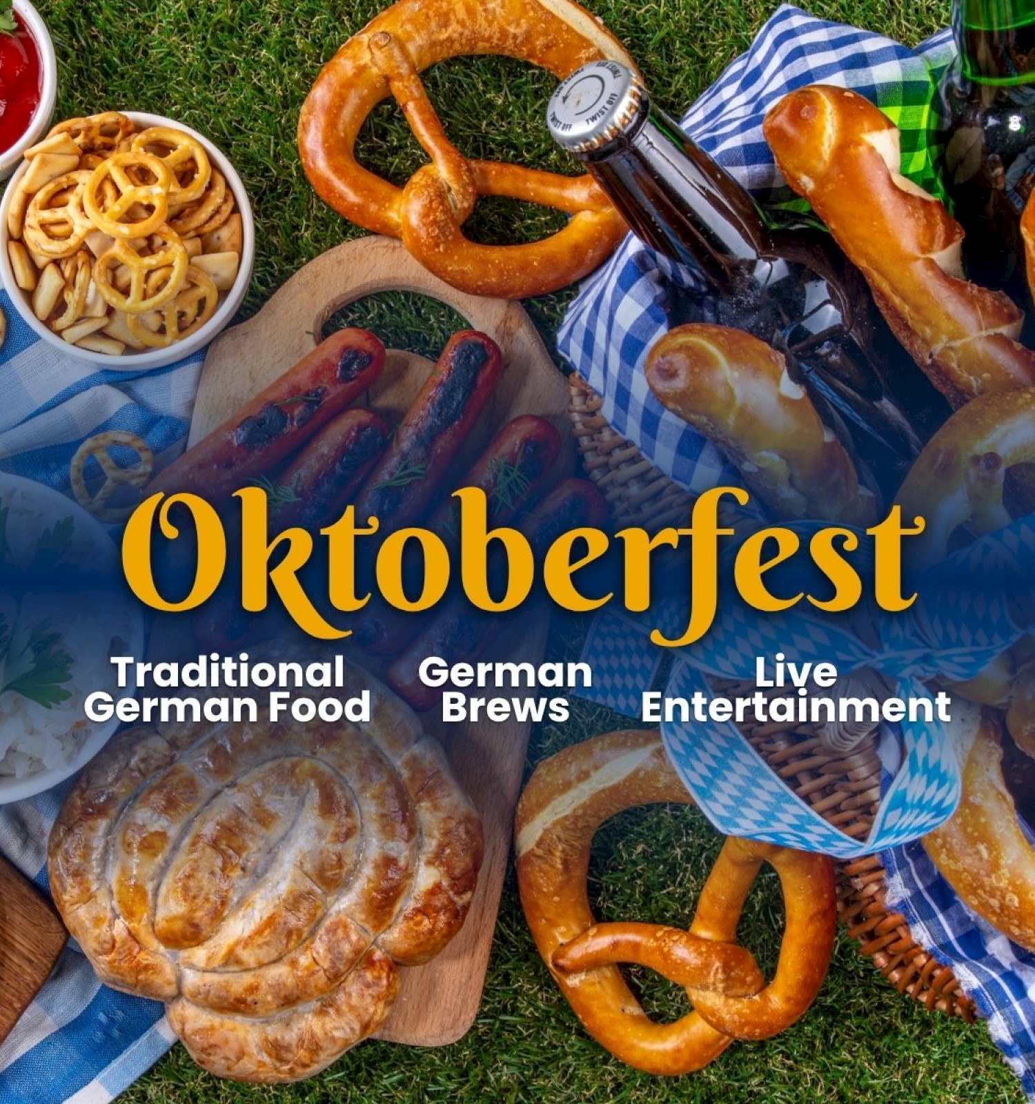 This image promotes Oktoberfest with traditional German food, brews, and live entertainment in a festive outdoor setting.