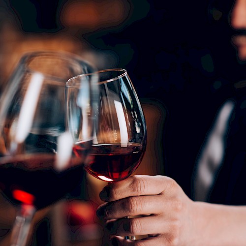 A man with a beard holding a glass of red wine, smiling, with a blurred background.