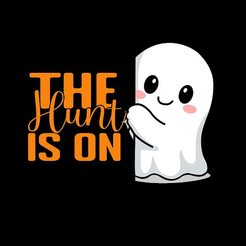 The image features a cute cartoon ghost hugging the words 
