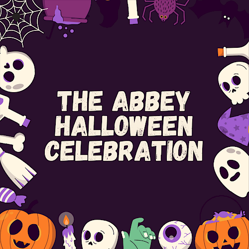 A Halloween-themed celebration with skulls, pumpkins, witches' hats, candles, spiders, and spooky decorations surrounding the text.