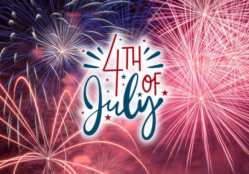 A vibrant display of fireworks celebrating the 4th of July with colorful explosion patterns and the text 