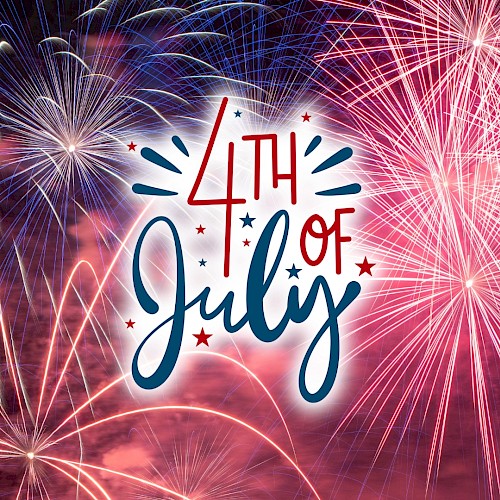 A vibrant display of fireworks celebrating the 4th of July with colorful explosion patterns and the text 