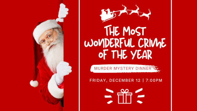 Santa peeking out from a red background, with text about a 