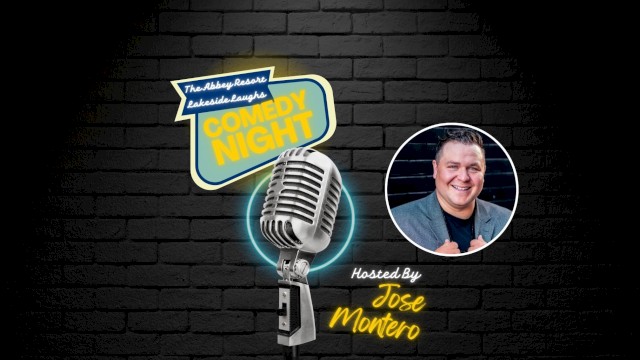 Comedy Night poster with a vintage microphone and a circular photo of a man. Hosted by Jose Montero, against a brick wall background.