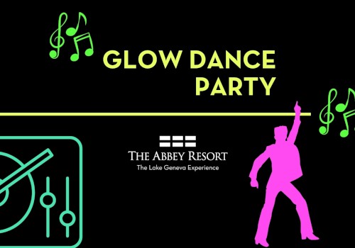 Glow dance party at The Abbey Resort in Lake Geneva with music and a lively silhouette of a dancer.
