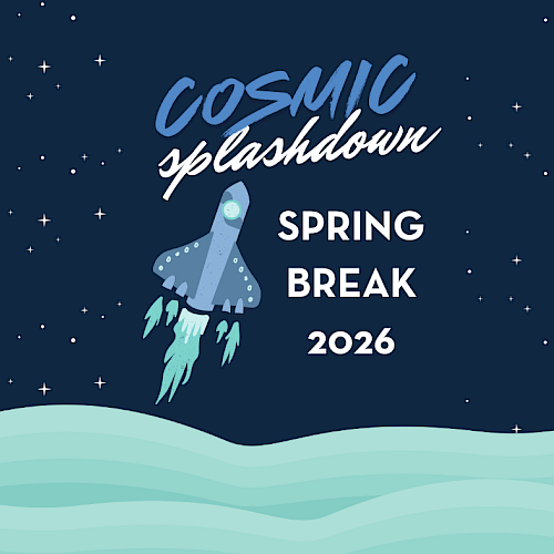 Cosmic splashdown: a rocket launching over wavy aqua seas with stars, announcing Spring Break 2026.