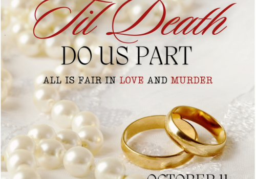 Image of a pearl necklace, two gold rings, and text: 