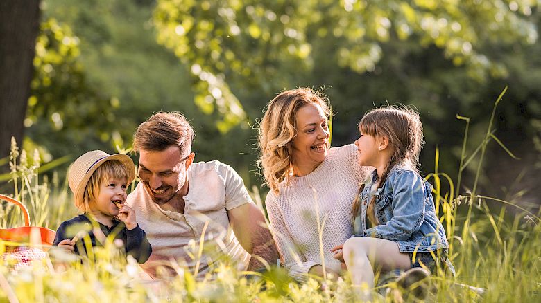 A family is having a picnic outdoors, sitting on the grass, laughing, and enjoying their time together in a sunny park.