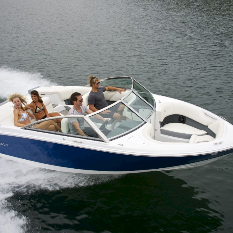 A speedboat with four people is moving quickly over the water, creating a wake. The boat is white with blue accents.