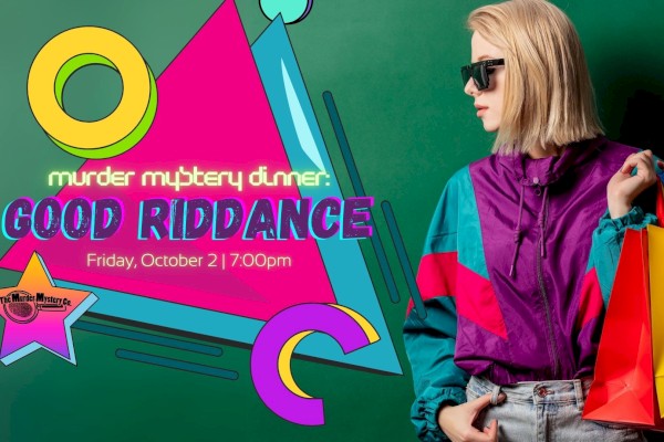 A woman with blonde hair and dark sunglasses carries colorful shopping bags, standing next to a vibrant, retro-style digital poster.