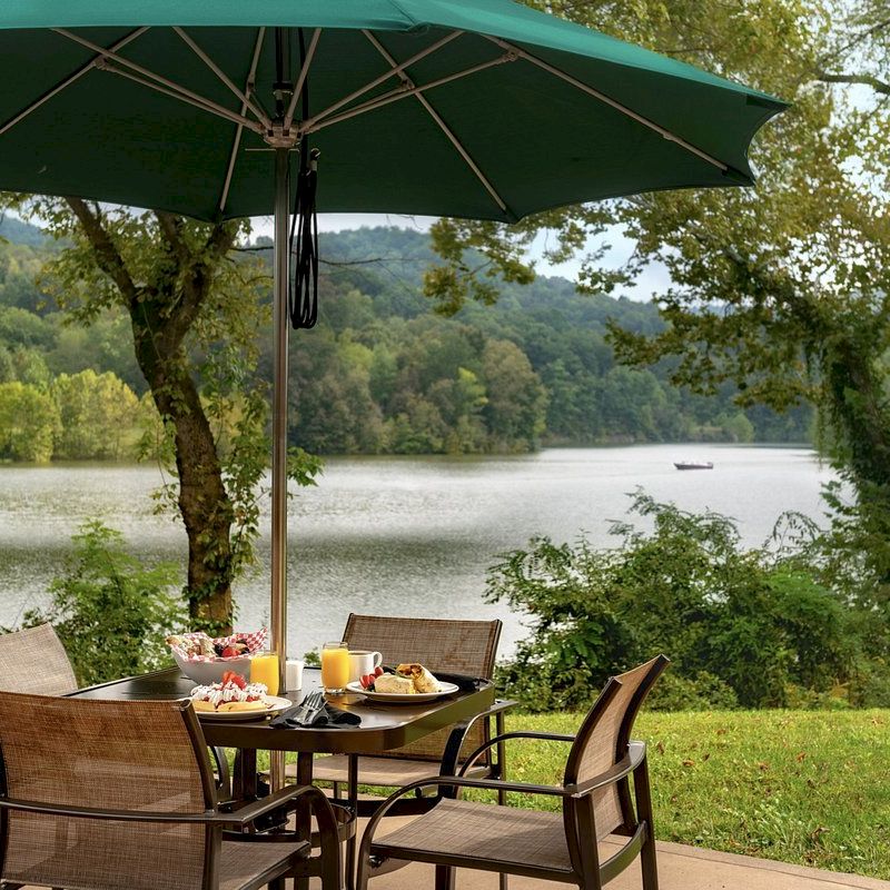 Outdoor dining setup with a green umbrella, table, and chairs overlooking a serene lake and lush green landscape, with food on the table.