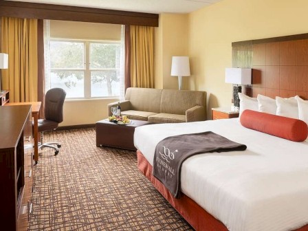 The image shows a hotel room with a bed, sofa, desk, chair, and TV, featuring a large window with curtains and modern decor.