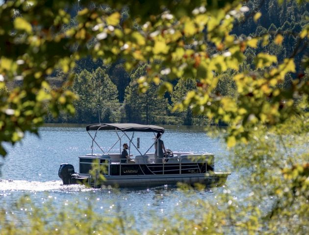 A boat with a canopy glides across a lake, framed by greenery and trees, with people on board enjoying the serene water scenery.