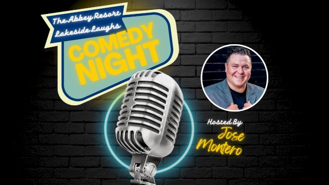 The image shows a Comedy Night event at The Abbey Resort, with a microphone and a photo of the host, Jose Montero.